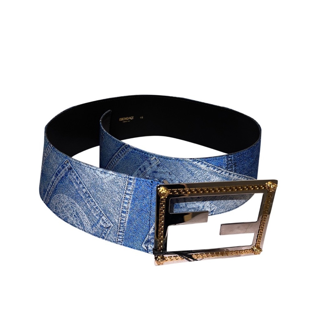 SALE!!! Fendace medusa logo leather denim monogram wide buckle belt